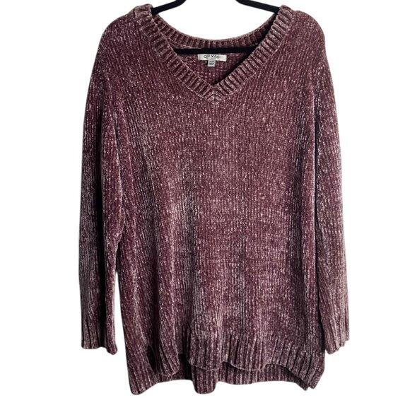Orvis Sweaters - Orvis Size Xl Chenille Crushed Velvet Pullover V-Neck Sweater Mauve Pink Ribbed